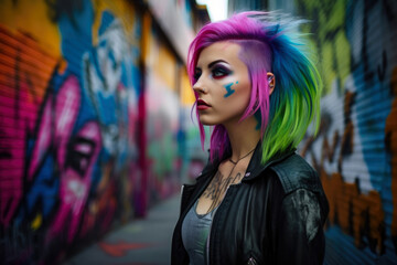 Vibrant portrait of a woman with neon-colored hair and bold makeup, standing in front of a graffiti-covered wall in a cyberpunk metropolis, generative ai
