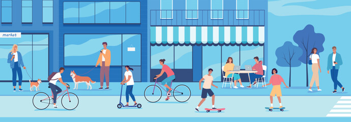 Crowd of different people walking, cycling, skating in the modern city street