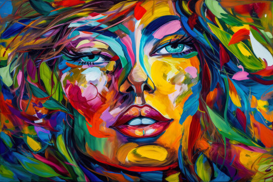Vibrant portrait of a woman with abstract elements in neo-expressionism art style, generative ai