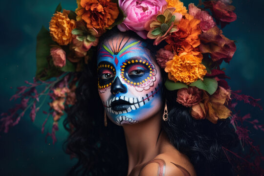 Vibrant portrait of a woman with Day of the Dead inspired makeup, adorned with colorful flowers and intricate sugar skull designs, generative ai
