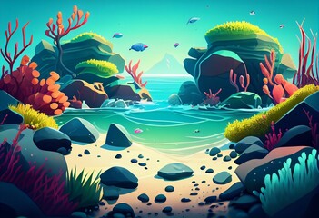 Colorful sea background with blue water boulders and seaweed in cartoon style.AI generated. Generative AI