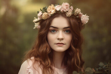 Vintage-inspired portrait of a young woman with a flower crown and dreamy expression, generative ai