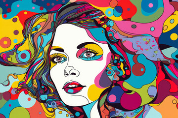 Naklejka premium Whimsical Pop Art Portrait of a Playful Woman with Cartoonish Features and Fun Colors, generative ai