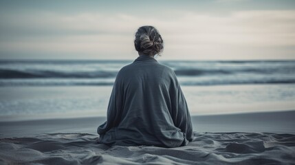 Calm woman meditating on the beach with a beautiful ocean view. Generative AI.
