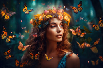 Woman in a mystical forest with glowing butterflies surrounding her and a halo of flowers in her hair, generative ai