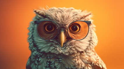 Obraz premium Owl wearing sunglasses portrait, pastel bright one color background with Generative AI.
