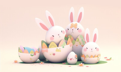 Cute rabbits with Easter eggs on colourful background