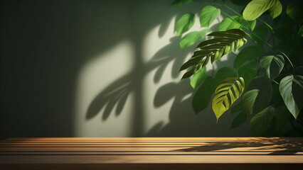 Wood table green wall background with sunlight window create leaf shadow on wall with blur indoor green plant foreground. panoramic banner mockup for display of product with Generative AI.