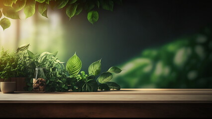 Wood table green wall background with sunlight window create leaf shadow on wall with blur indoor green plant foreground. panoramic banner mockup for display of product with Generative AI.
