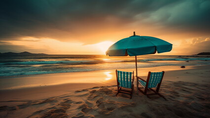 Wooden Chairs And Umbrella In Tropical Beach with turquoise sea with Generative AI.