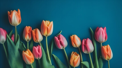 Obraz premium Spring tulip flowers on blue background top view in flat lay style. Greeting for Womens or Mothers Day or Spring Sale Banner