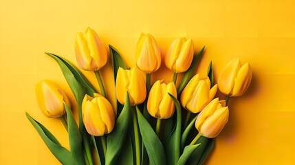 Spring tulip flowers on yellow background top view in flat lay style. Greeting for Womens or Mothers Day or Spring Sale Banner