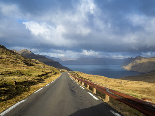 Road going down Slættaratindur mountain to Funningsfjørður