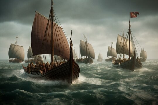 vikings in a big sea too many viking ships Generative AI