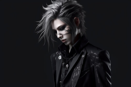 Woman wearing visual kei style hair and clothes, fictitious person. AI generated image