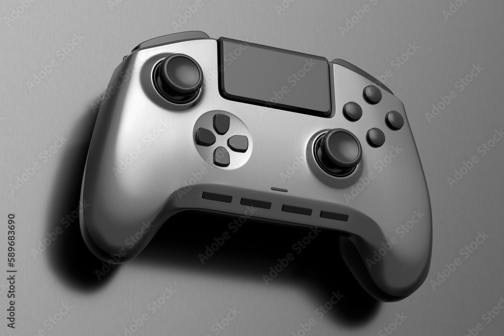 Poster realistic video game joystick with metallic chrome texture isolated on dark