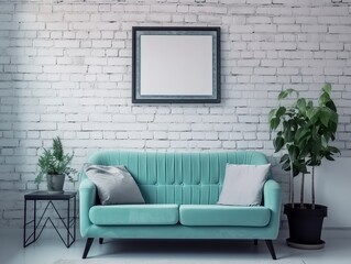 Modern living room with sofa, frame on the wall. Suitable for mock up. Generative ai