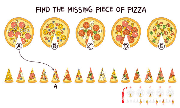 Find the missing piece of pizza. Puzzle Hidden Items. Matching game. Educational game for children. Colorful vector illustration. Isolated on white background