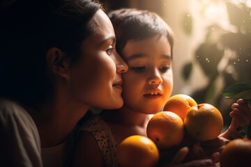 Picture of a mother and child eating fruits and vegetables, World health day, bokeh Generative AI