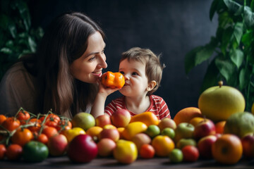 Fototapeta na wymiar Picture of a mother and child eating fruits and vegetables, World health day, bokeh Generative AI