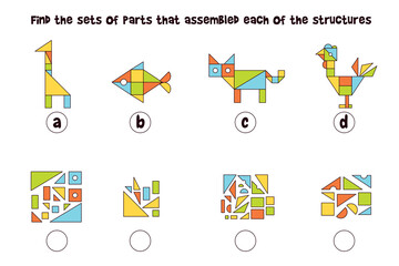 Find the sets of parts that assembled each of the structures. Matching game. Educational game for children. Colorful vector illustration. Isolated on white background