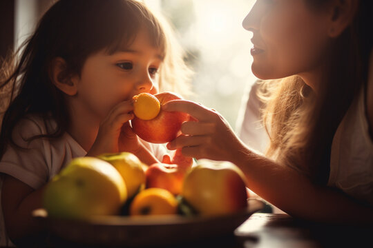 Picture of a mother and child eating fruits and vegetables, World health day, bokeh Generative AI