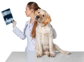 Beautiful young veterinarian looks at dogs X-rays on a white background