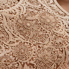 Closeup on white lace fabric with lots of floral details. Beautiful fabric. Generative AI.