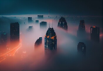 A dense fog covering a city skyline, with only the tops of the buildings visible - Generative AI