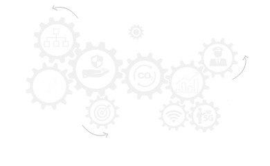 Gears connected simultaneously with symbols on transparent background