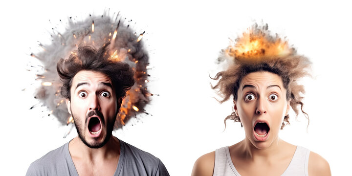 Set of shocked people with explosion on their head isolated on transparent background - Fictional Person, Generative AI