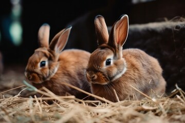 Naklejka na ściany i meble two adorable brown rabbits eat food and sit on dried grass in a rabbit farm. Household and ecology concept.generative AI