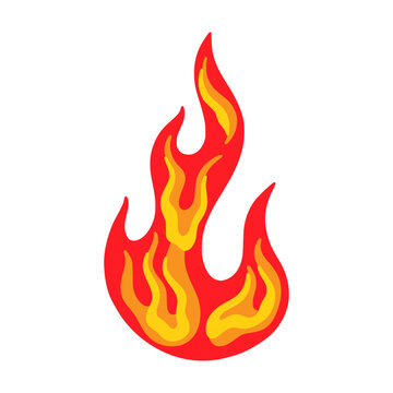 Cartoon fire flame. Warm, heat effect, orange and red fiery energy, yellow bonfire power, flammable motion elements, danger ignition or blazing symbols. Vector flat illustration 