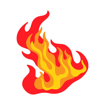 Fire flame, burn game fireball. Spark and smoke comic combustion effect, hot wildfire logo or emblem, furious bonfire blaze, orange and red energy tattoo, explosion. Vector cartoon icon
