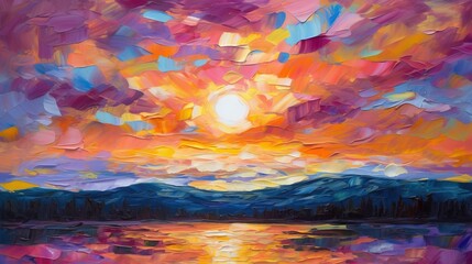 Fototapeta na wymiar Colorful Impressionist Style Abstract Oil Painting of Montana Sunset