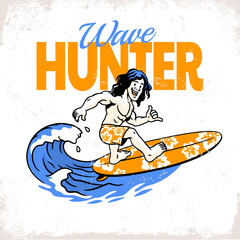 Vintage Retro Shirt Design of Surfer in Action