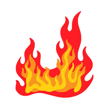 Fire flame cartoon icon. Burn fireball effect, color explosion, fiery and warm energy power, flammable and heat bonfire elements, red, orange and yellow passion. Vector graphic symbol