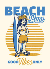 Vintage Shirt Design of Pacific Exotic Surfer Girl