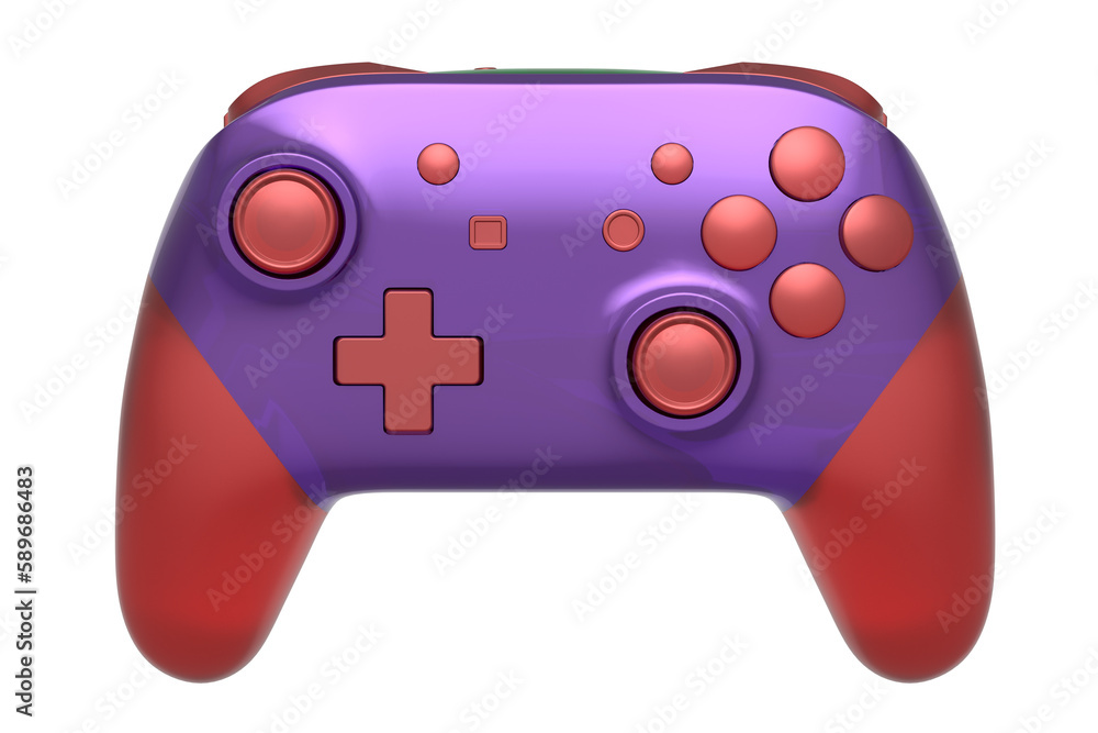 Poster realistic video game joystick with violet chrome texture isolated on white