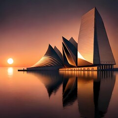 sunset landscape and buildings reflecting in the water Generative AI
