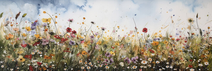Illustration with Many Dainty Wild Field Flowers in Wide Banner Design. Generative ai