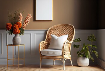 Living room interior with wicker armchair and flower, white wall mock up background, 3D render. Generative AI