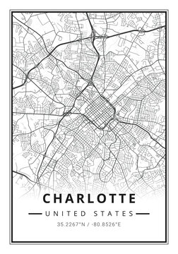 Street map art of Charlotte city in USA - United States of America - America