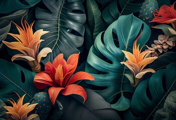 Seamless tropical flower, plant and leaf pattern background. Generative AI - obrazy, fototapety, plakaty