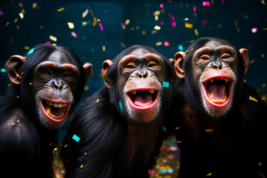 3 fr&ouml;hliche Affen Schimpansen mit buntem Konfetti in Partystimmung. Generative Ai. 
