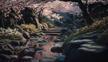 Fototapeta na wymiar Japan Garden with cherry blossoms, generative AI
