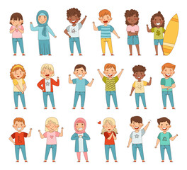 Cute Boy and Girl Showing Emoji Signs Waving Hand and Cheering Big Vector Set