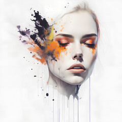 Portrait of a beautiful girl with paint splashes on a white background