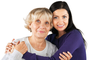 Cute family portrait. Young adult daughter with senior mother embracing, isolated on white
