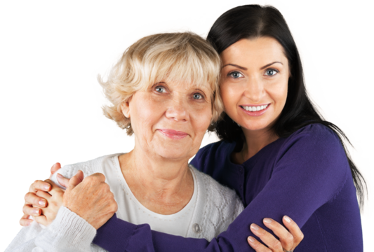 Cute family portrait. Young adult daughter with senior mother embracing, isolated on white